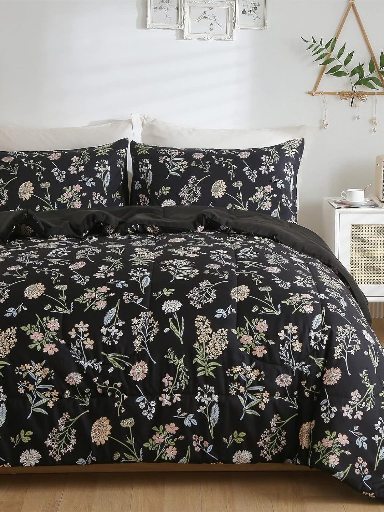 Black Floral Queen Comforter Set All Season Microfiber Bedding | Soft & Lightwei